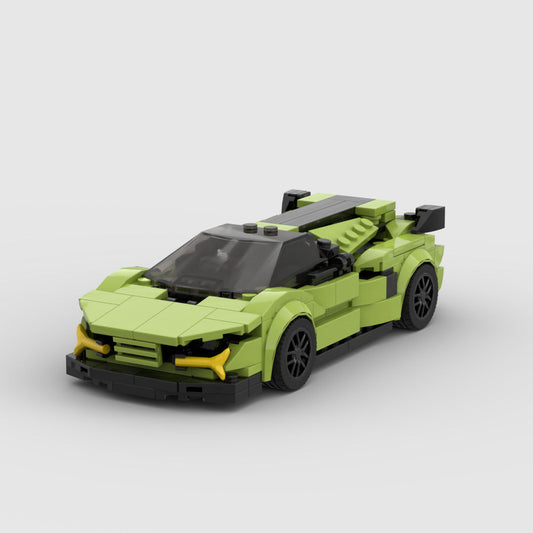 Green toy car made of interlocking bricks on a light gray background